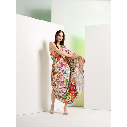MANDIRA WIRK Ochre Floral Rush Printed Satin One Shoulder Kaftan
