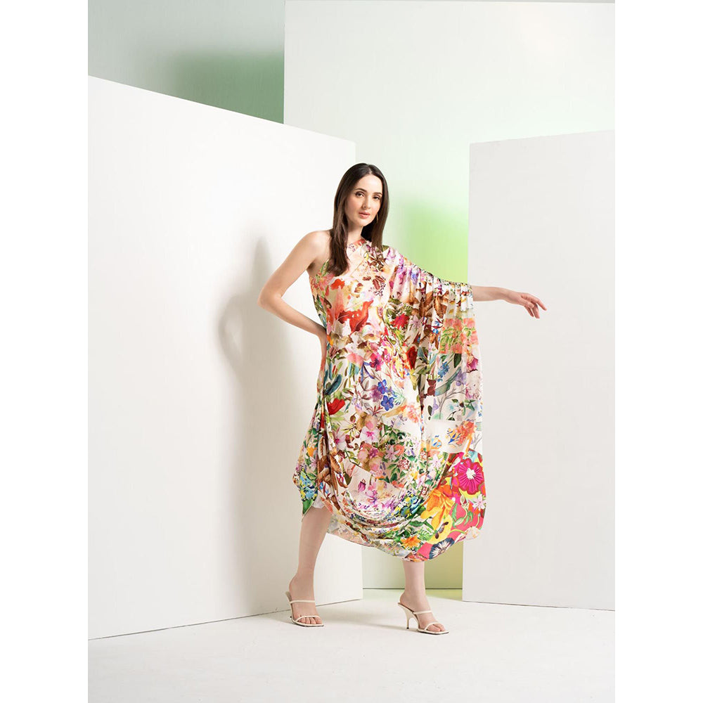 MANDIRA WIRK Ochre Floral Rush Printed Satin One Shoulder Kaftan