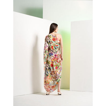 MANDIRA WIRK Ochre Floral Rush Printed Satin One Shoulder Kaftan