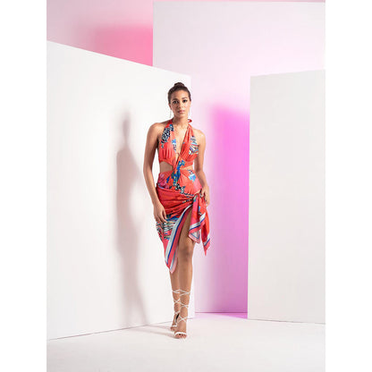 MANDIRA WIRK Fiery Red Floral Printed Body Suit with A Satin Wrap (Set of 2)