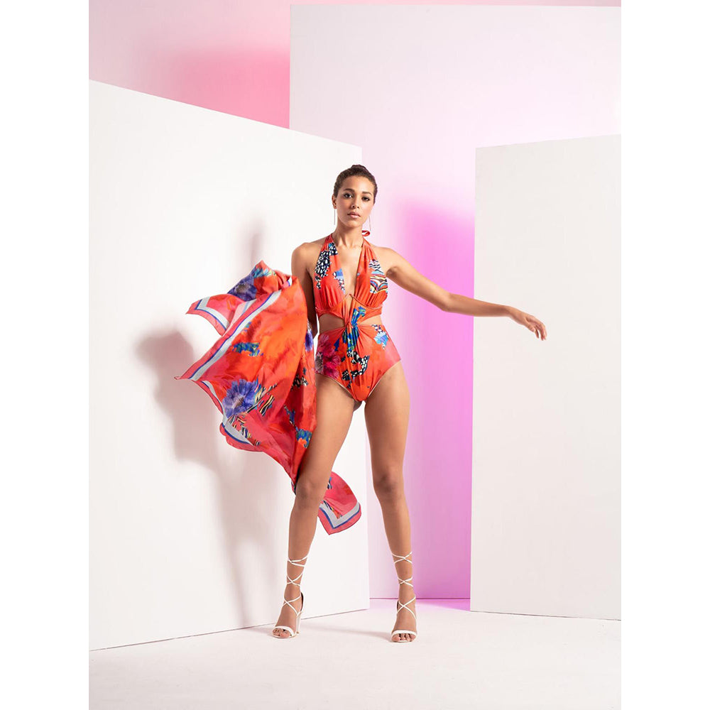 MANDIRA WIRK Fiery Red Floral Printed Body Suit with A Satin Wrap (Set of 2)