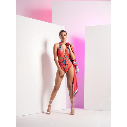 MANDIRA WIRK Fiery Red Floral Printed Body Suit with A Satin Wrap (Set of 2)