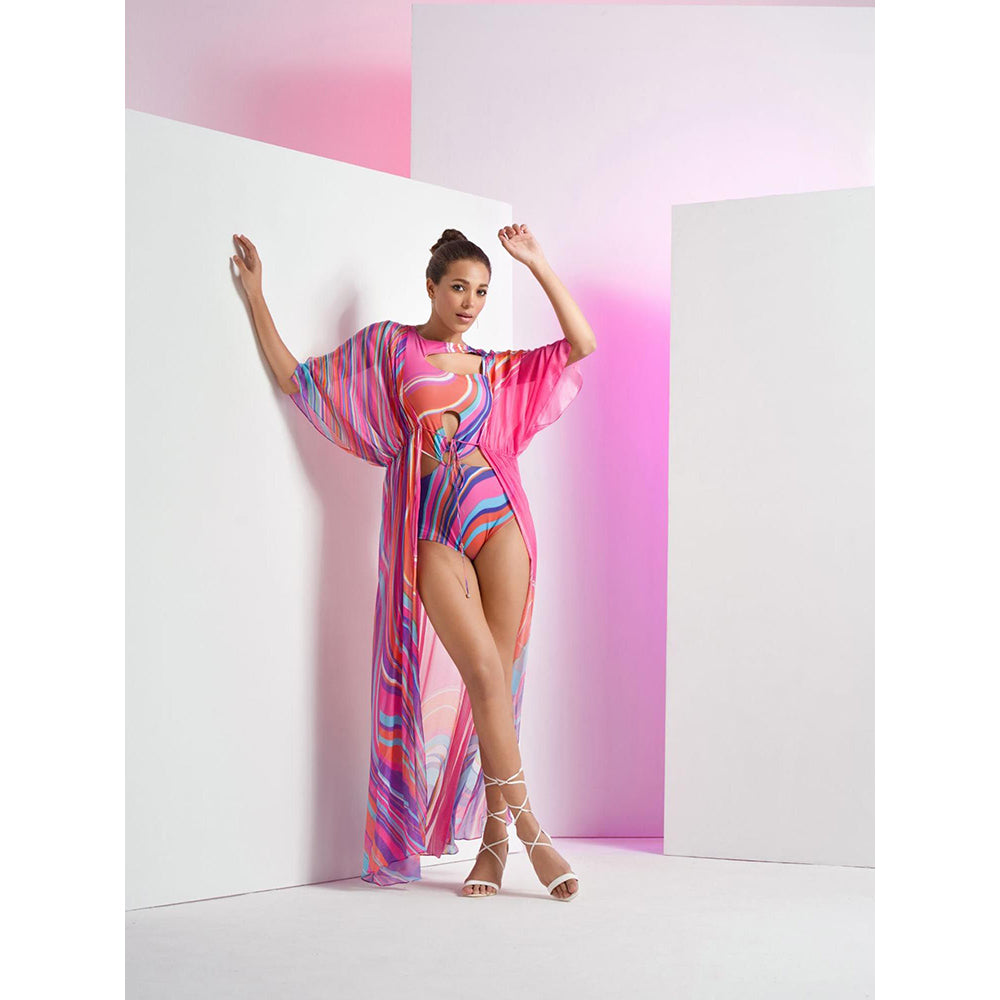 MANDIRA WIRK Pink Marma Body Suit with Stylized Cuts and Long Chiffon Cape (Set of 2)