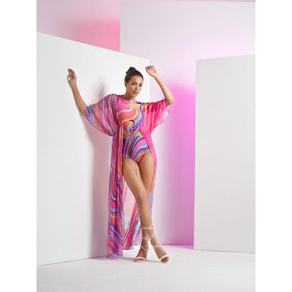 MANDIRA WIRK Pink Marma Body Suit with Stylized Cuts and Long Chiffon Cape (Set of 2)