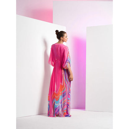 MANDIRA WIRK Pink Marma Body Suit with Stylized Cuts and Long Chiffon Cape (Set of 2)