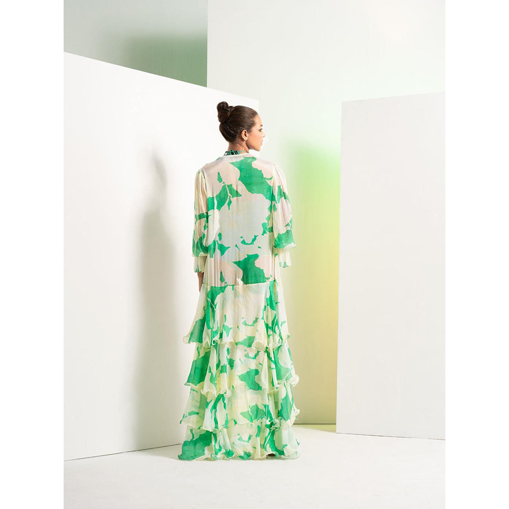 MANDIRA WIRK Green Bee Vibes Body Suit with Twisted Bodice and Chiffon Long Cape (Set of 2)