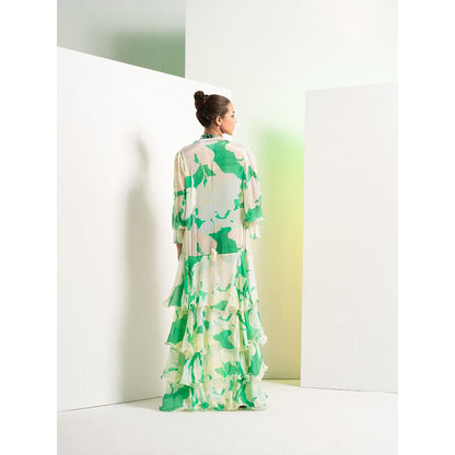 MANDIRA WIRK Green Bee Vibes Body Suit with Twisted Bodice and Chiffon Long Cape (Set of 2)