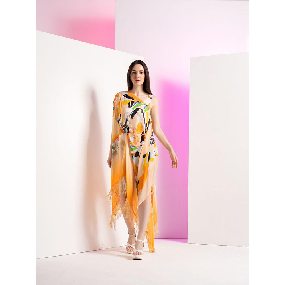 MANDIRA WIRK Chrome Cornhusk Metal Ring Detail Body Suit Along with A Cape Detailed (Set of 2)