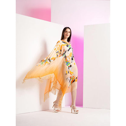 MANDIRA WIRK Chrome Cornhusk Metal Ring Detail Body Suit Along with A Cape Detailed (Set of 2)