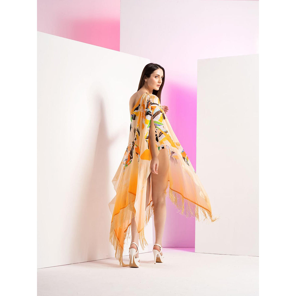 MANDIRA WIRK Chrome Cornhusk Metal Ring Detail Body Suit Along with A Cape Detailed (Set of 2)