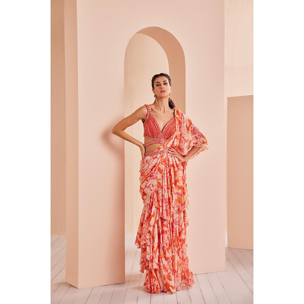 MANDIRA WIRK Printed Georgette Lurex Draped Saree with Stitched Blouse and Belt