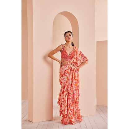 MANDIRA WIRK Printed Georgette Lurex Draped Saree with Stitched Blouse and Belt