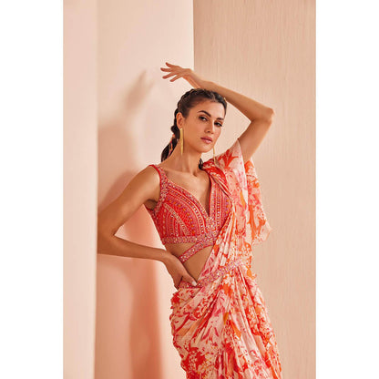 MANDIRA WIRK Printed Georgette Lurex Draped Saree with Stitched Blouse and Belt