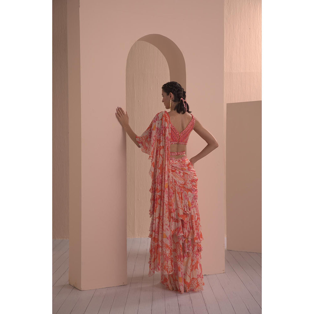 MANDIRA WIRK Printed Georgette Lurex Draped Saree with Stitched Blouse and Belt