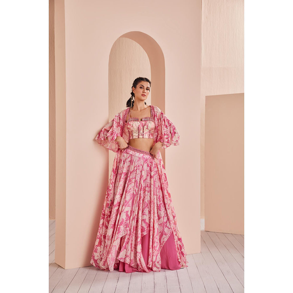 MANDIRA WIRK Printed Chiffon Lehenga Paired Up with Blouse and Cape (Set of 3)