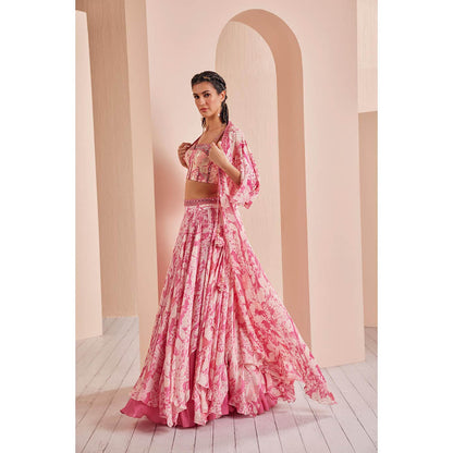 MANDIRA WIRK Printed Chiffon Lehenga Paired Up with Blouse and Cape (Set of 3)