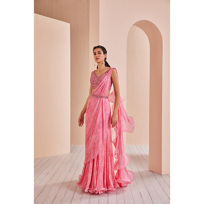 MANDIRA WIRK Chiffon Draped Saree with Embroidered Stitched Blouse and Belt