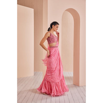 MANDIRA WIRK Chiffon Draped Saree with Embroidered Stitched Blouse and Belt