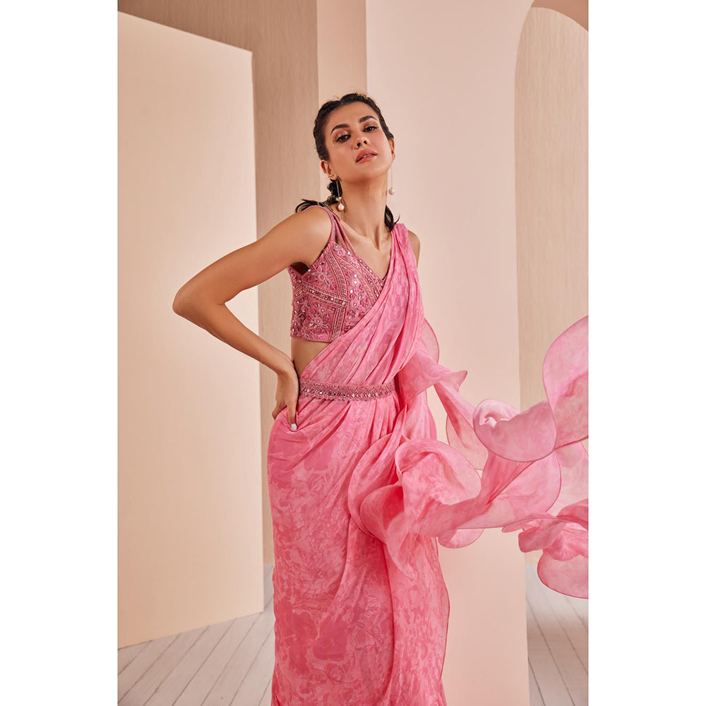 MANDIRA WIRK Chiffon Draped Saree with Embroidered Stitched Blouse and Belt