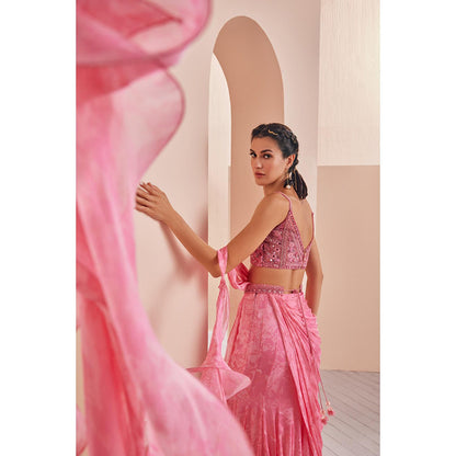 MANDIRA WIRK Chiffon Draped Saree with Embroidered Stitched Blouse and Belt