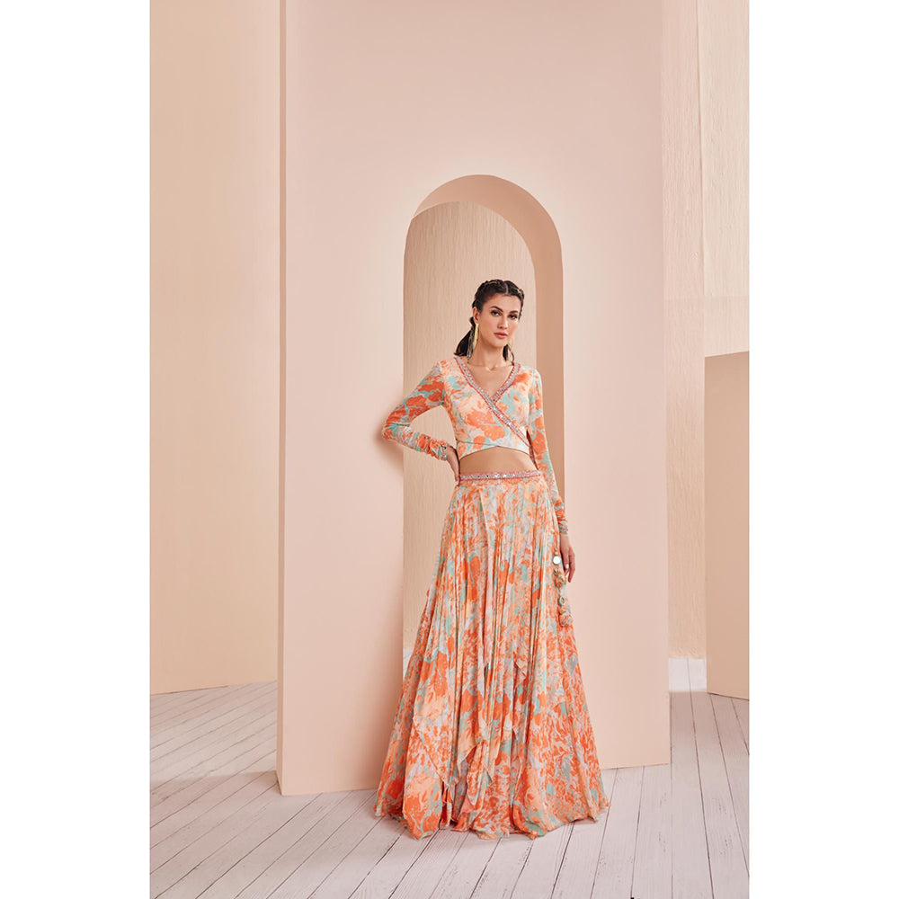 MANDIRA WIRK Chiffon Printed Lehenga with Wrap Around Blouse (Set of 3)