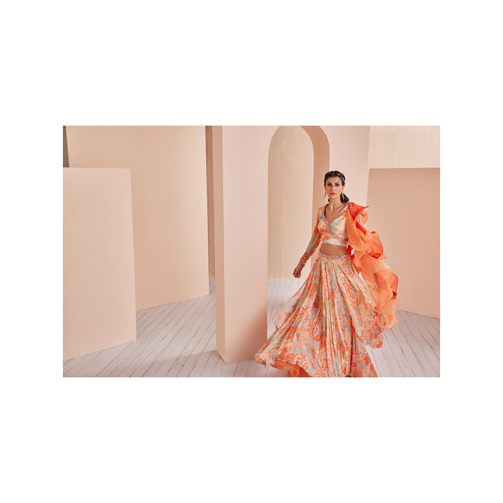 MANDIRA WIRK Chiffon Printed Lehenga with Wrap Around Blouse (Set of 3)