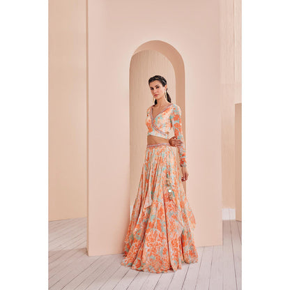 MANDIRA WIRK Chiffon Printed Lehenga with Wrap Around Blouse (Set of 3)