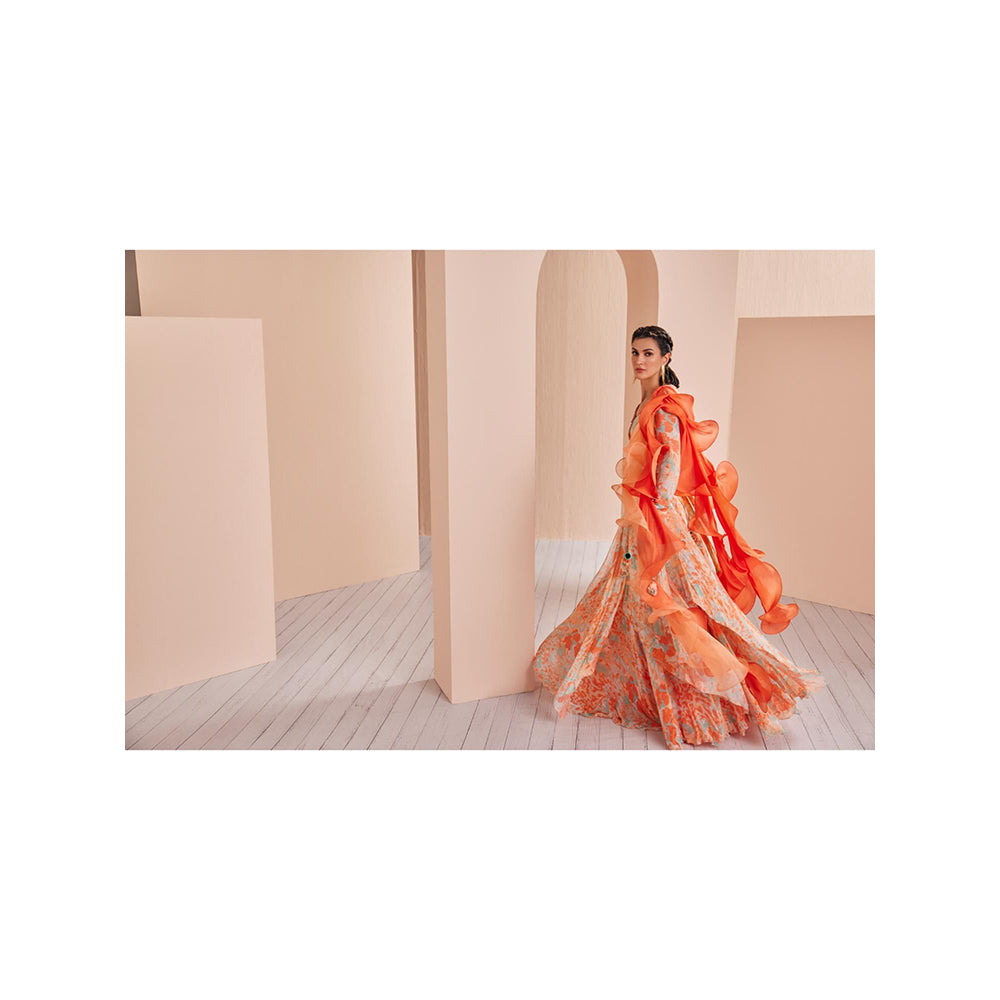 MANDIRA WIRK Chiffon Printed Lehenga with Wrap Around Blouse (Set of 3)