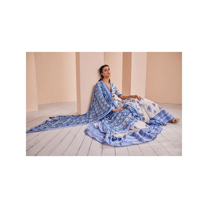 MANDIRA WIRK Blue Chanderi Printed Lehenga with Blouse and Dupatta (Set of 3)