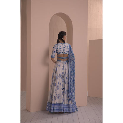 MANDIRA WIRK Blue Chanderi Printed Lehenga with Blouse and Dupatta (Set of 3)