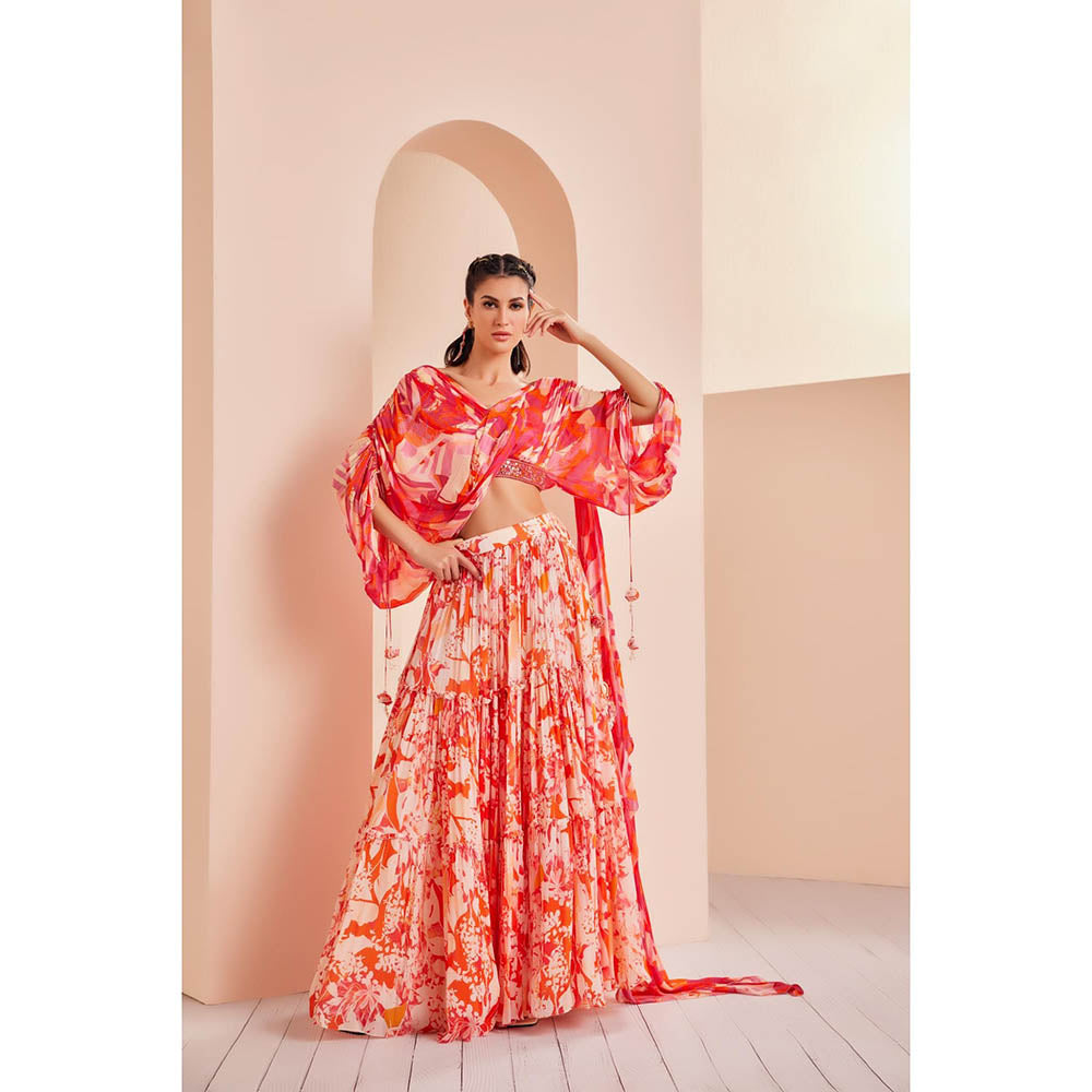 MANDIRA WIRK Stylized Draped Blouse Detailed Rushed Sleeve with Chiffon Lehenga (Set of 3)