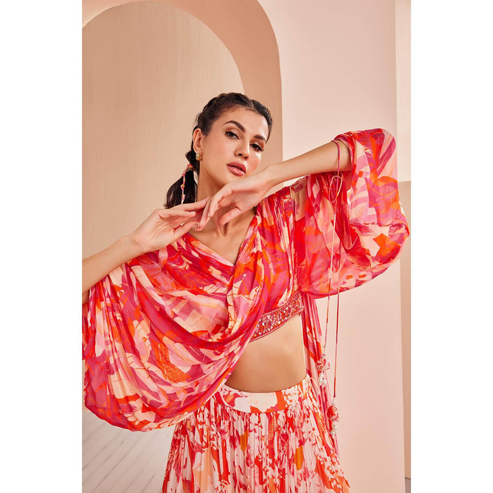 MANDIRA WIRK Stylized Draped Blouse Detailed Rushed Sleeve with Chiffon Lehenga (Set of 3)