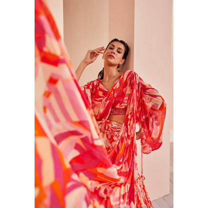 MANDIRA WIRK Stylized Draped Blouse Detailed Rushed Sleeve with Chiffon Lehenga (Set of 3)