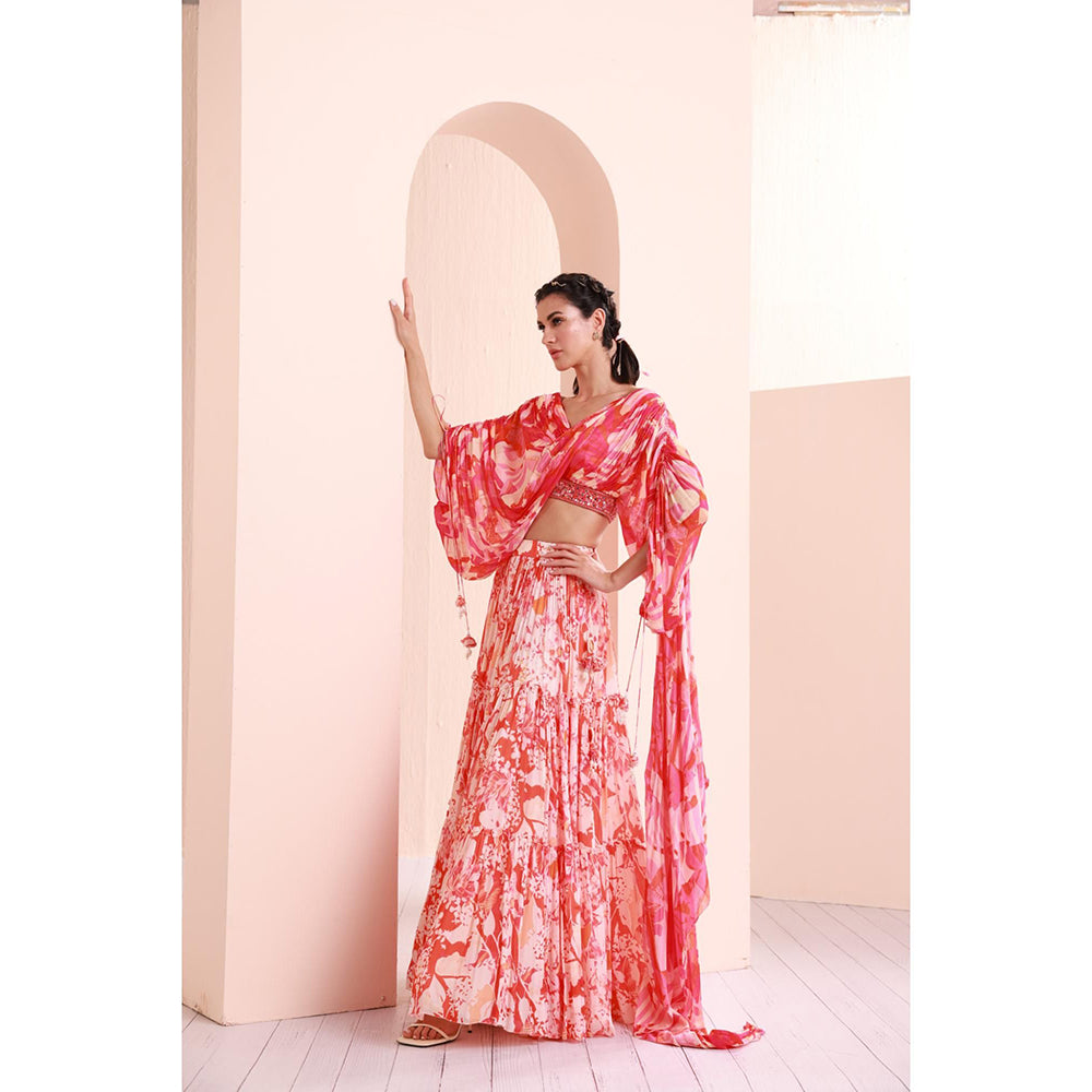 MANDIRA WIRK Stylized Draped Blouse Detailed Rushed Sleeve with Chiffon Lehenga (Set of 3)