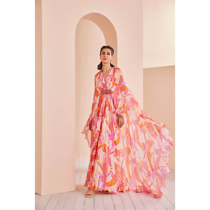 MANDIRA WIRK Front Belt Embroidery Detailed Printed Chiffon Asymmetrical Pleated Kaftan