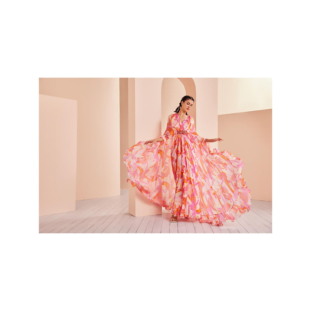 MANDIRA WIRK Front Belt Embroidery Detailed Printed Chiffon Asymmetrical Pleated Kaftan