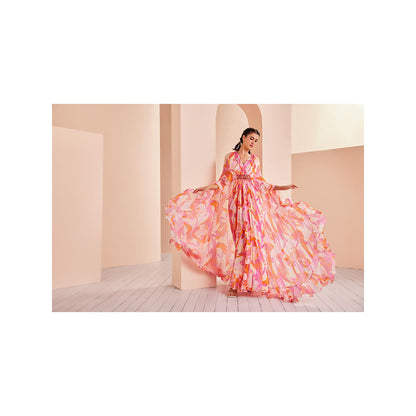 MANDIRA WIRK Front Belt Embroidery Detailed Printed Chiffon Asymmetrical Pleated Kaftan