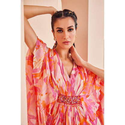 MANDIRA WIRK Front Belt Embroidery Detailed Printed Chiffon Asymmetrical Pleated Kaftan