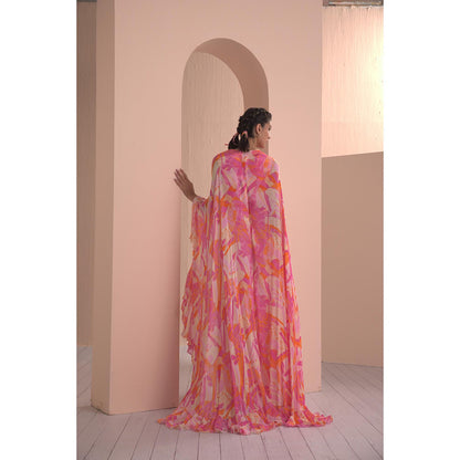 MANDIRA WIRK Front Belt Embroidery Detailed Printed Chiffon Asymmetrical Pleated Kaftan