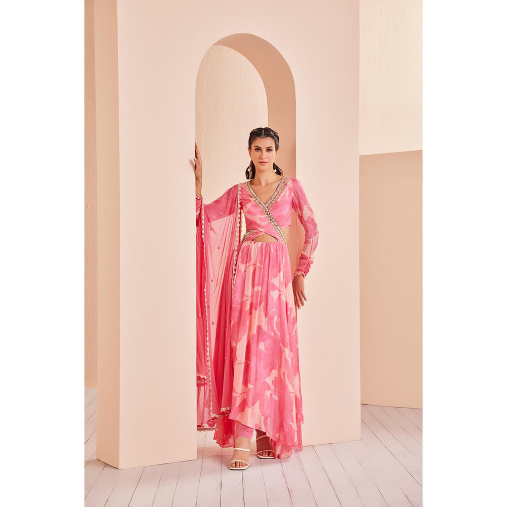 MANDIRA WIRK Hand Embroidered Front Cutout Anarkali with Churidar and Net Dupatta (Set of 3)