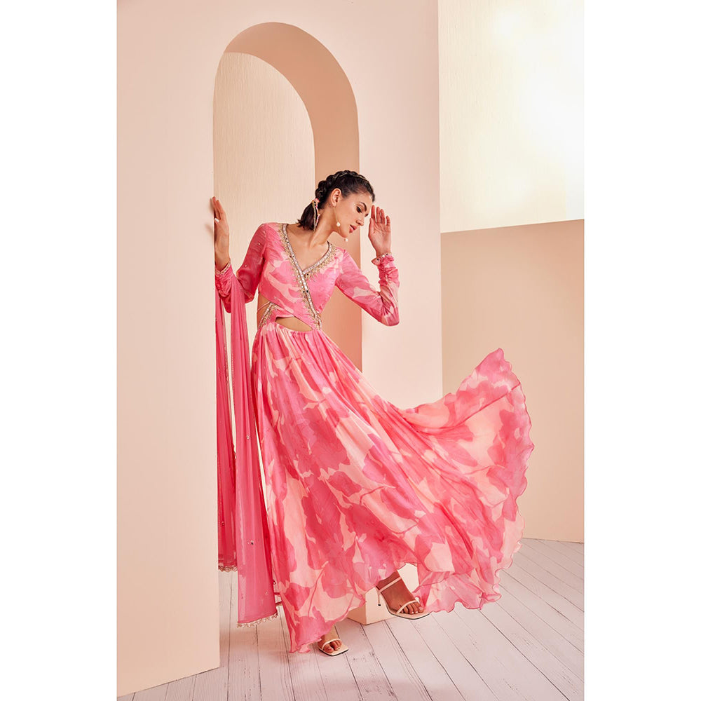 MANDIRA WIRK Hand Embroidered Front Cutout Anarkali with Churidar and Net Dupatta (Set of 3)