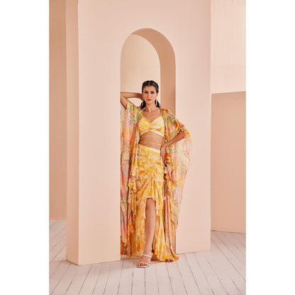 MANDIRA WIRK Fluorescent Yellow Printed Blouse with Asymmetric Skirt and Cape (Set of 3)