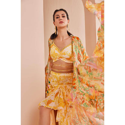 MANDIRA WIRK Fluorescent Yellow Printed Blouse with Asymmetric Skirt and Cape (Set of 3)