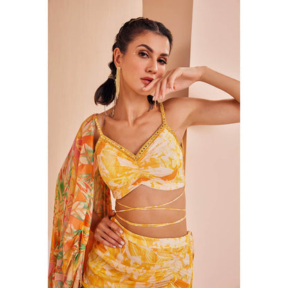 MANDIRA WIRK Fluorescent Yellow Printed Blouse with Asymmetric Skirt and Cape (Set of 3)