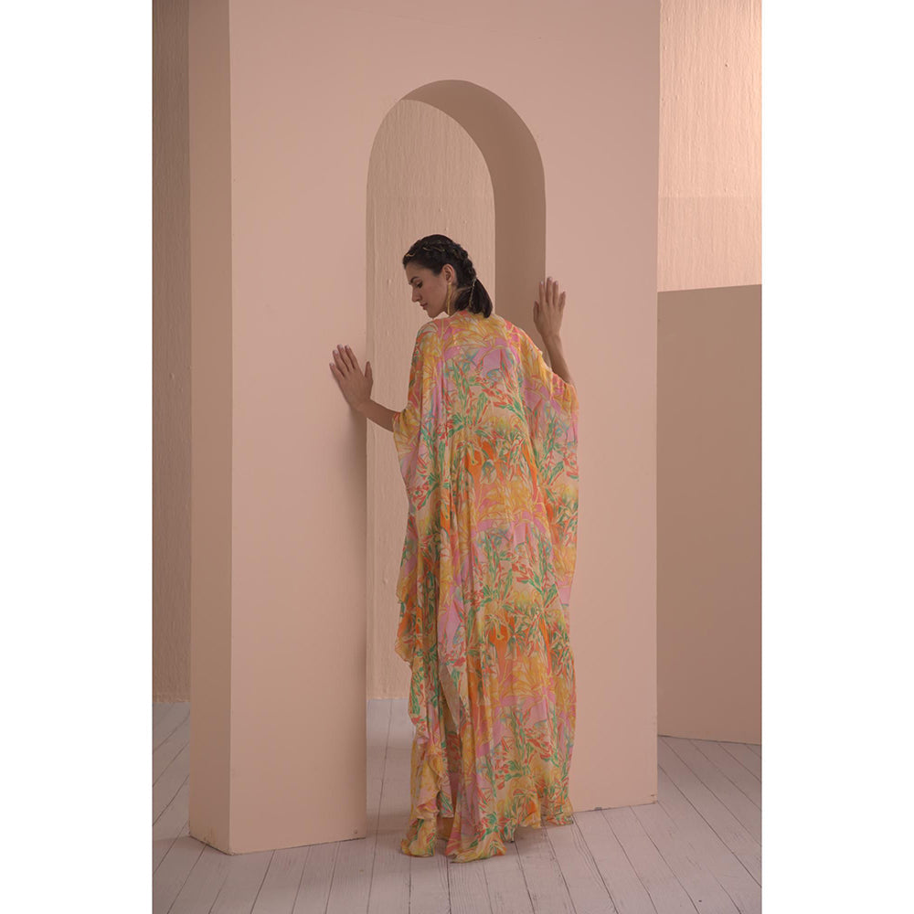 MANDIRA WIRK Fluorescent Yellow Printed Blouse with Asymmetric Skirt and Cape (Set of 3)