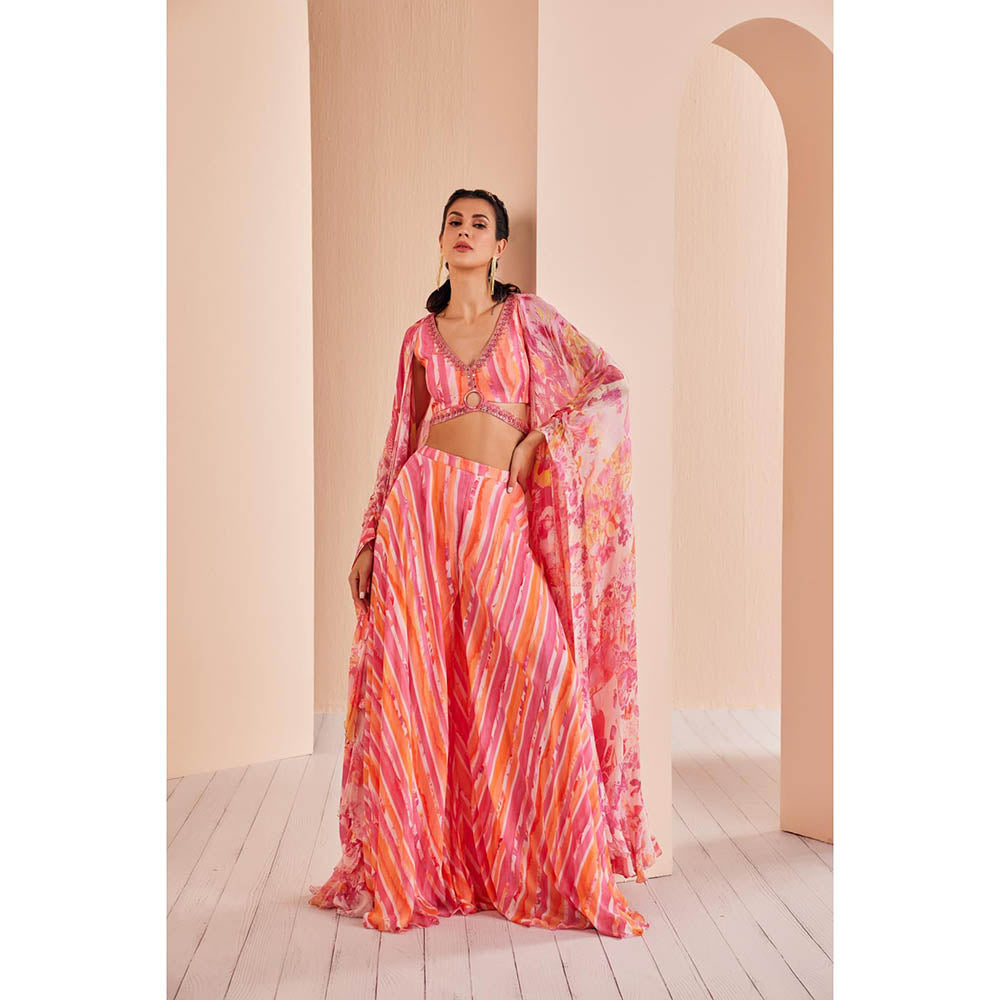 MANDIRA WIRK Pink Printed Chiffon Blouse and Sharara with Cape (Set of 3)