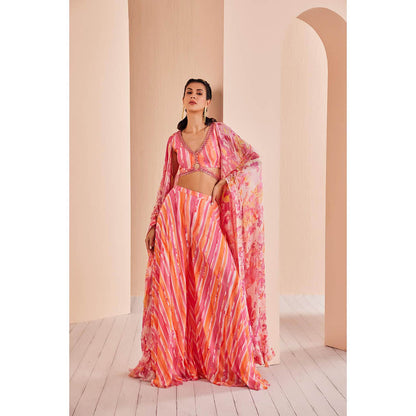 MANDIRA WIRK Pink Printed Chiffon Blouse and Sharara with Cape (Set of 3)