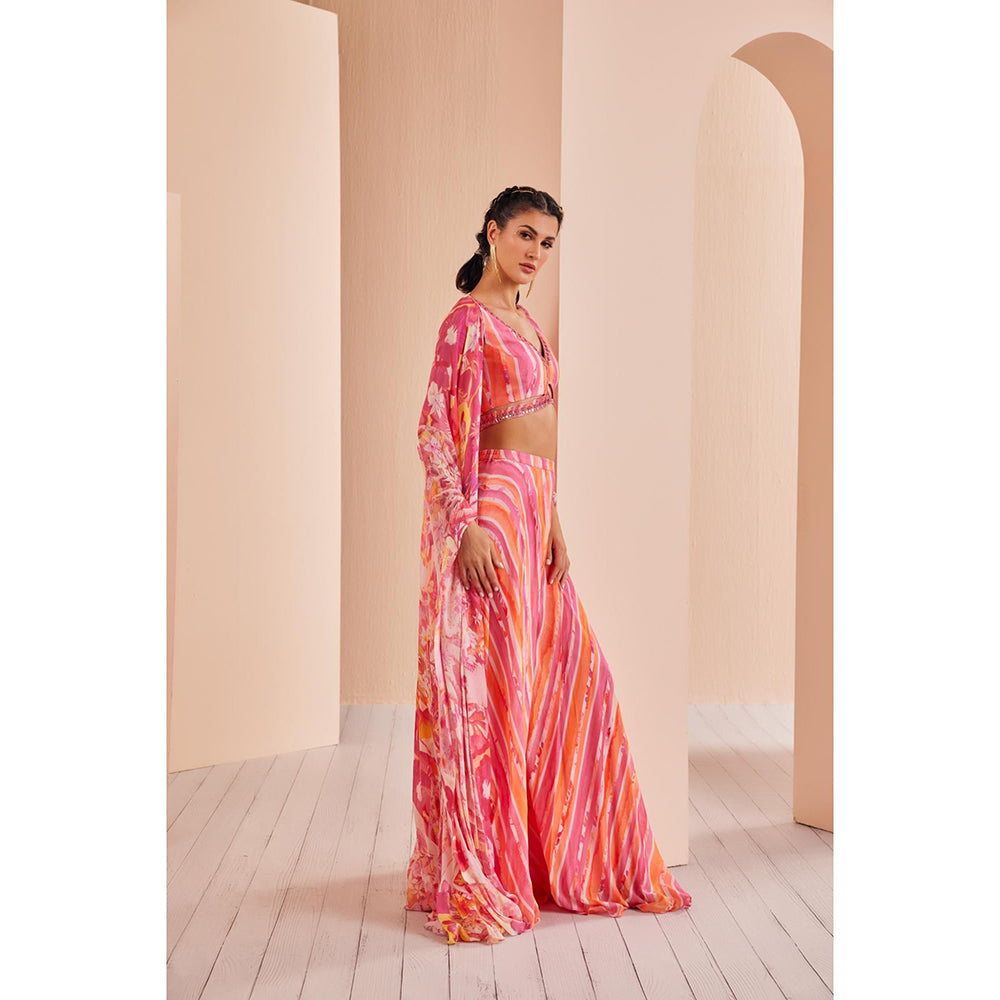MANDIRA WIRK Pink Printed Chiffon Blouse and Sharara with Cape (Set of 3)