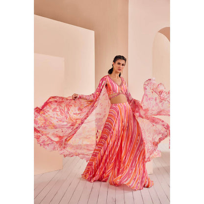 MANDIRA WIRK Pink Printed Chiffon Blouse and Sharara with Cape (Set of 3)