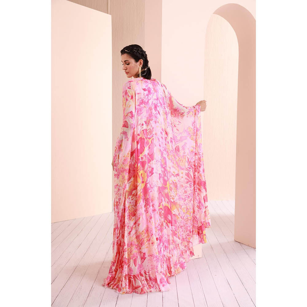 MANDIRA WIRK Pink Printed Chiffon Blouse and Sharara with Cape (Set of 3)